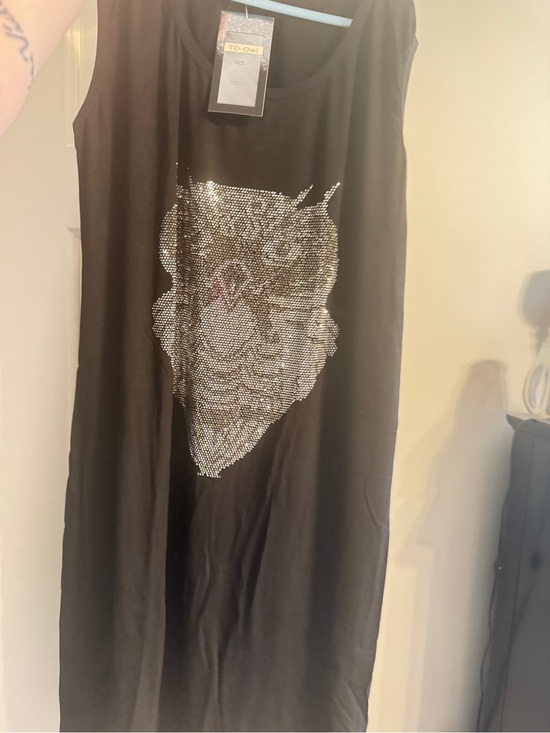 Shiny Dresses & Skirts - Black Sleeveless Dress / shirt with Rhinestone Owl Face. One size.